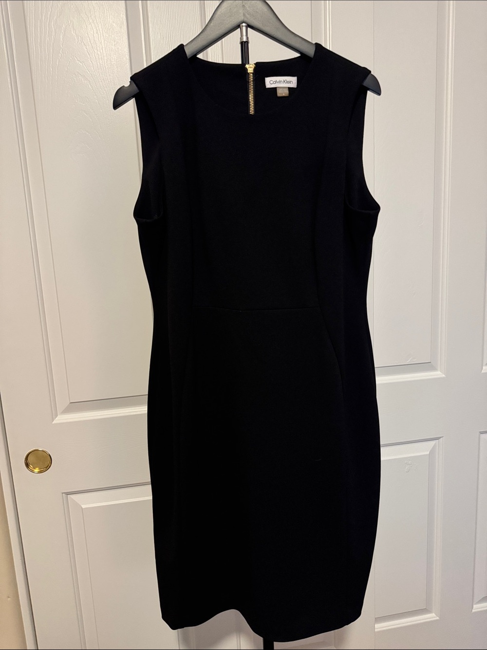 Calvin Klein Sleeveless Sheath Dress with Exposed Gold Back Zipper Black Mini